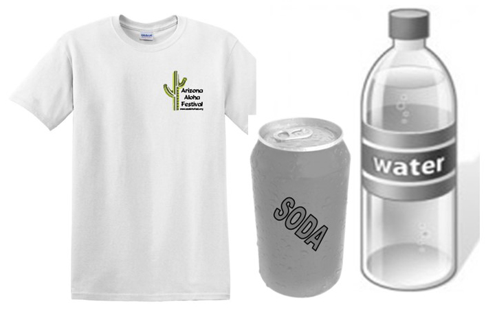 Picture of a teeshirt, bottle of water and a generic can of soda